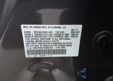 2017 Honda Pilot Ex-L from USA, damaged, VIN 5FNYF5H81HB033529